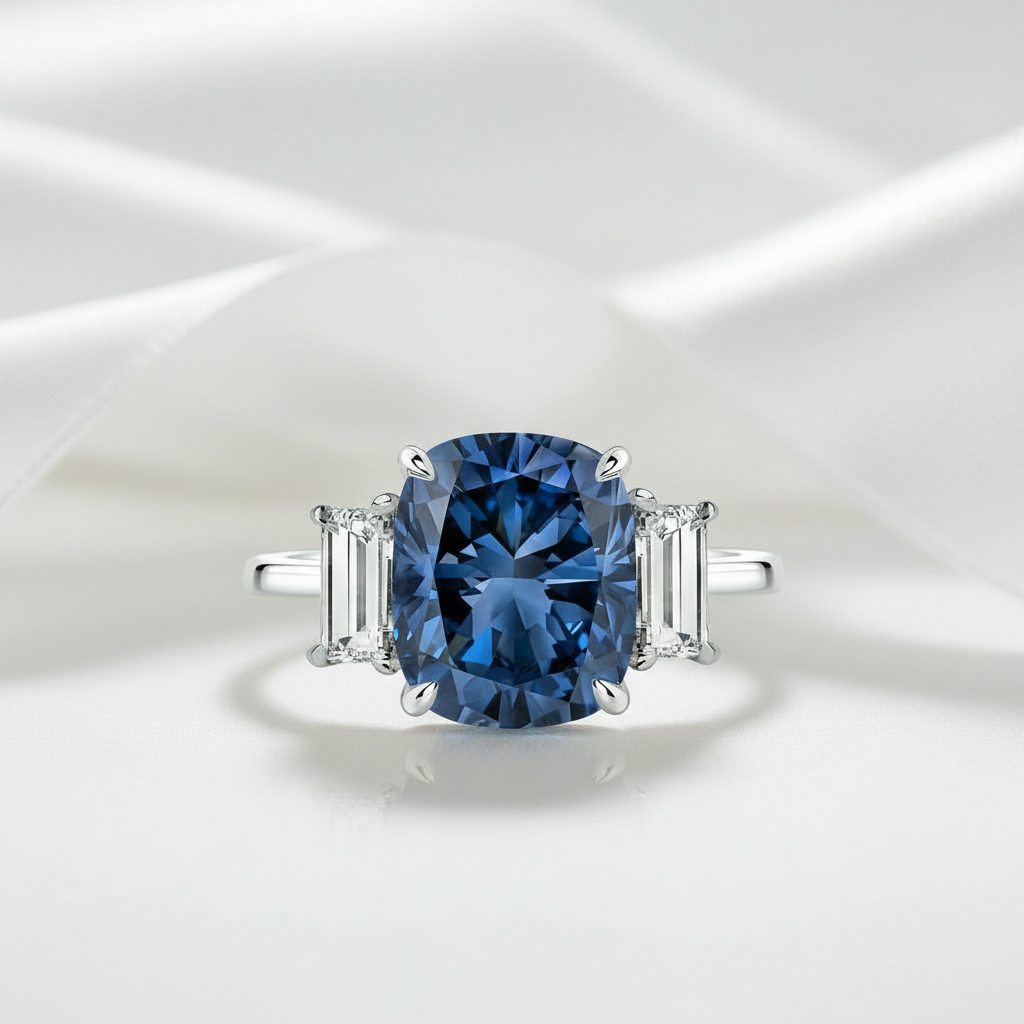 Blue Sapphire 5.0ct Cushion Cut Three Stone Engagement Ring-Evani Jewelry