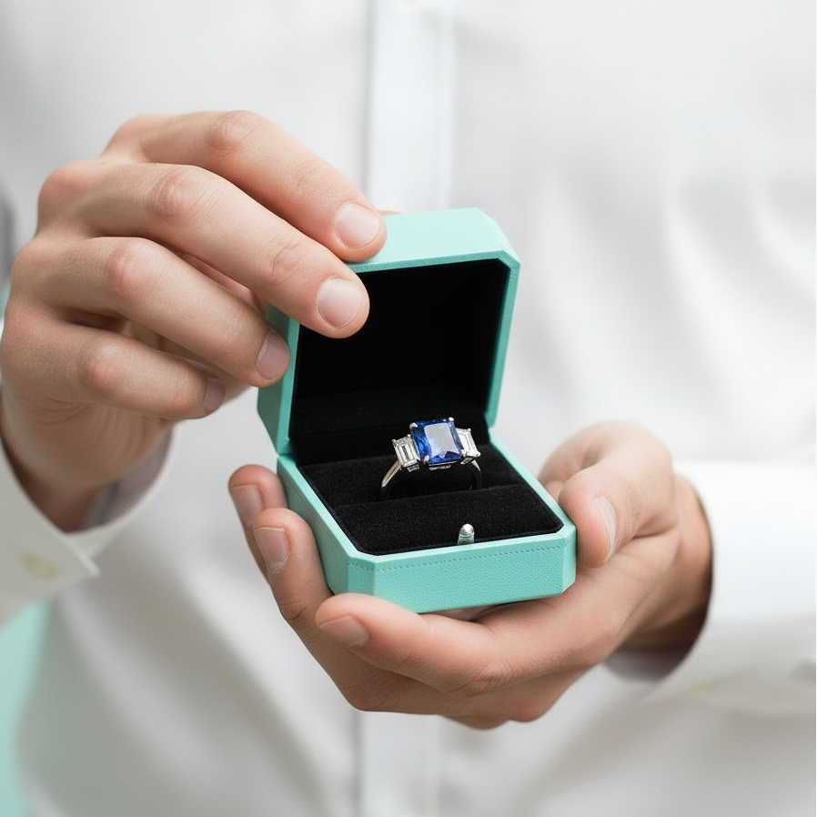 Blue Sapphire 5.0ct Cushion Cut Three Stone Engagement Ring-Evani Jewelry