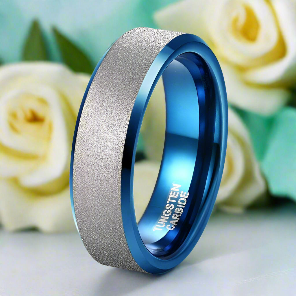 Blue Tungsten Men's Wedding Band with Silver Frost-Evani Naomi Jewelry