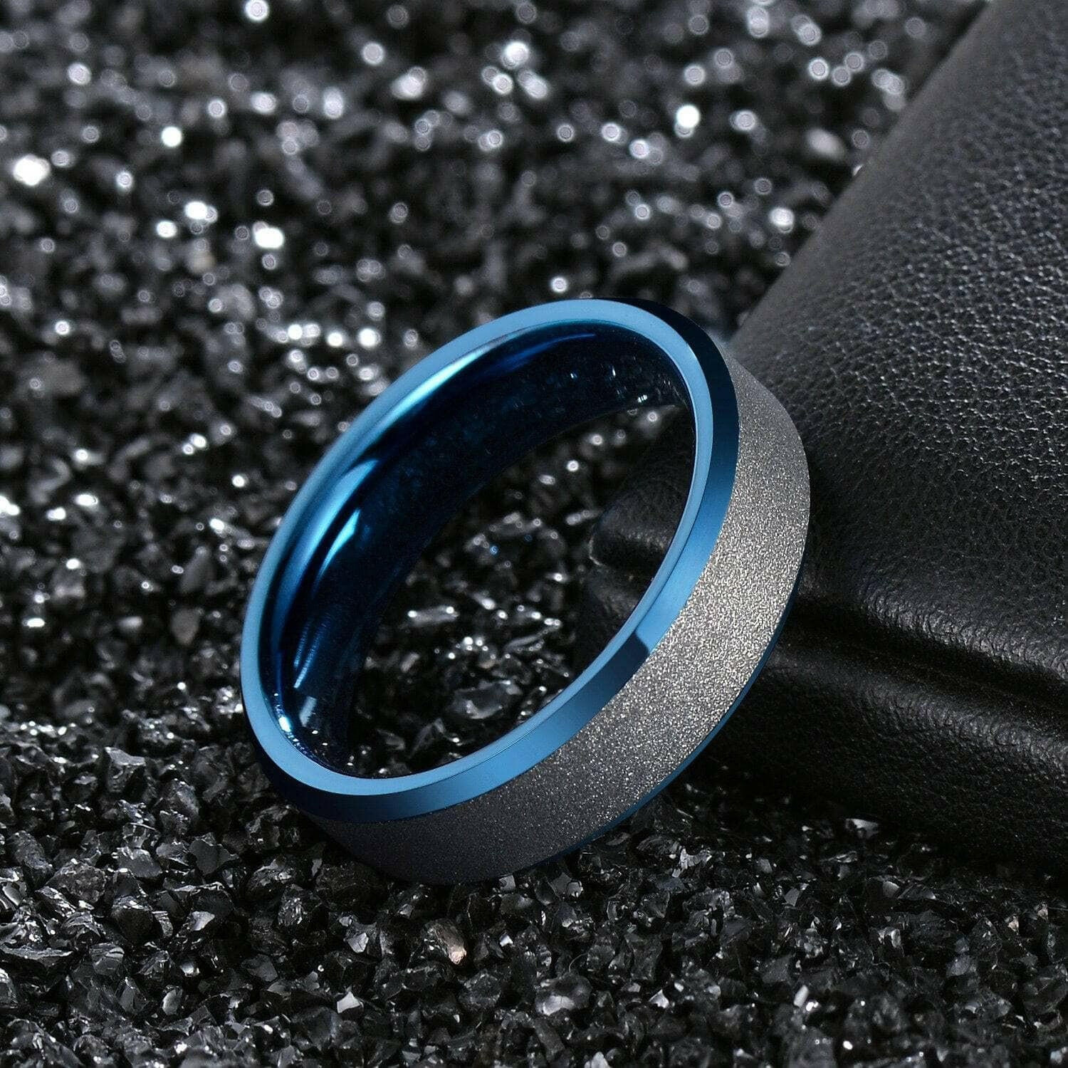 Blue Tungsten Men's Wedding Band with Silver Frost-Evani Naomi Jewelry