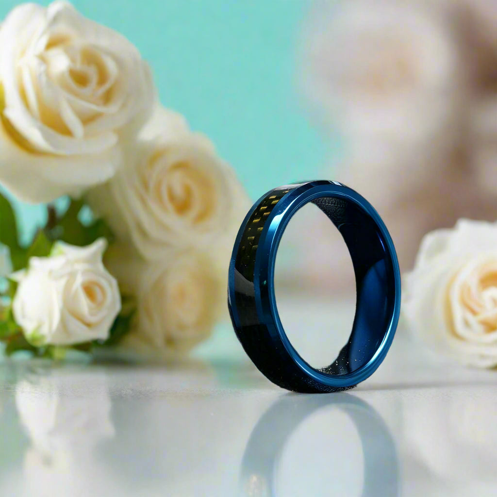 Blue Tungsten Unisex Wedding Band with Black Carbon Fiber Inlay-Evani Naomi Jewelry