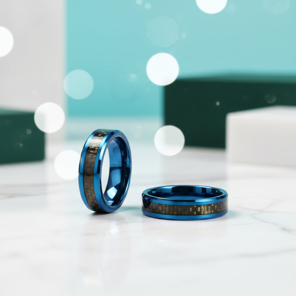 Blue Tungsten Unisex Wedding Band with Black Carbon Fiber Inlay-Evani Jewelry