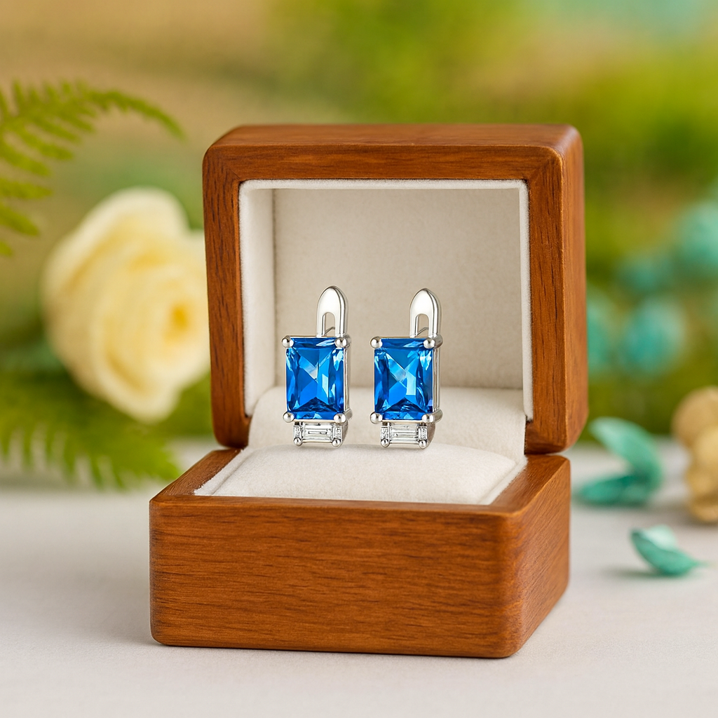 Blue gemstone earrings in a wooden box with a blurred natural background