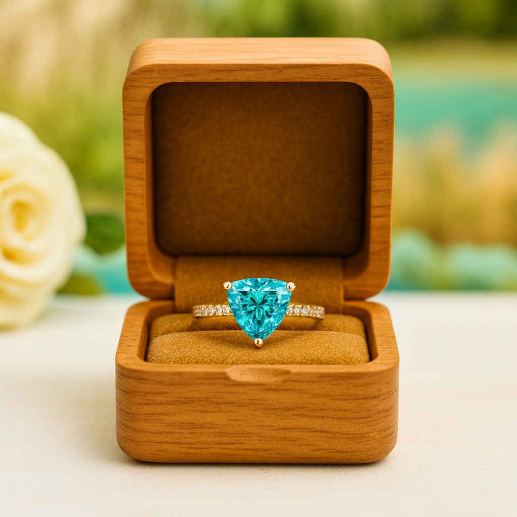 Blue gemstone ring in a wooden box with a blurred floral background