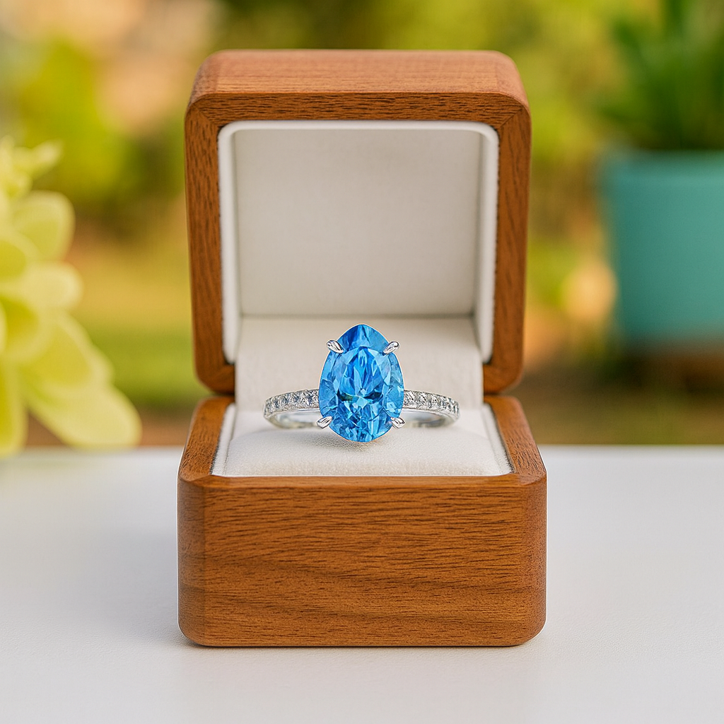 Blue gemstone ring in a wooden box with a blurred green background