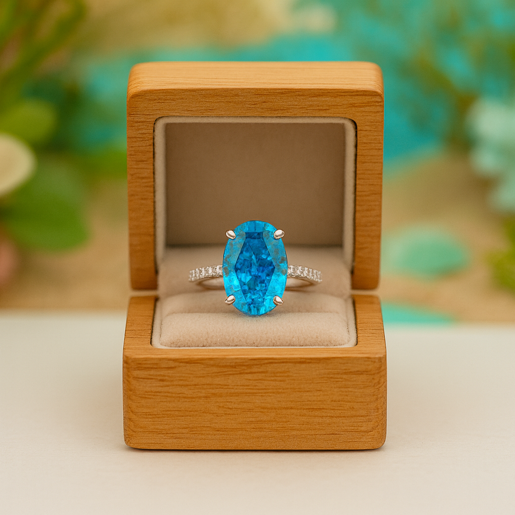 Blue gemstone ring in a wooden box with a blurred natural background