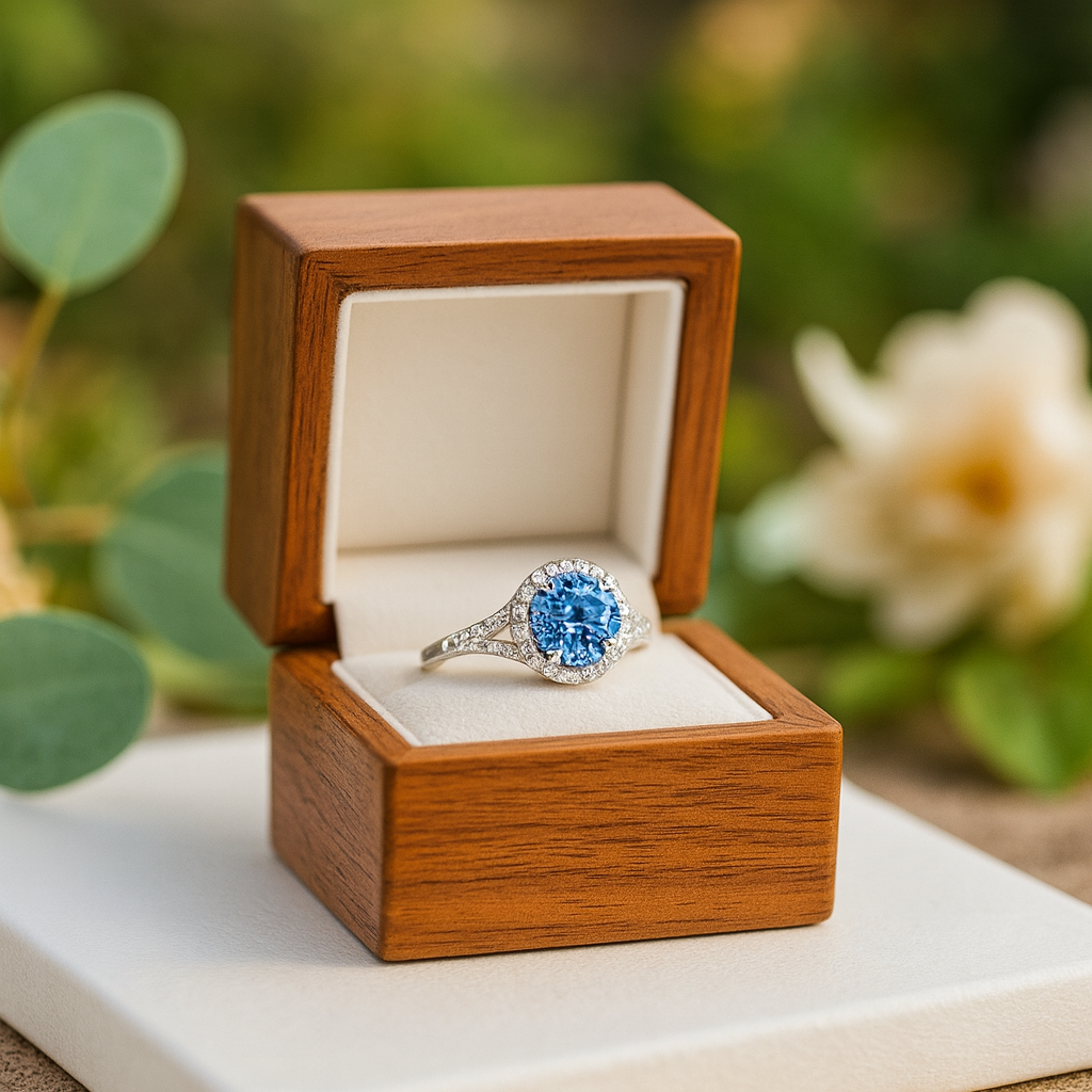 Blue gemstone ring in a wooden box with a natural background