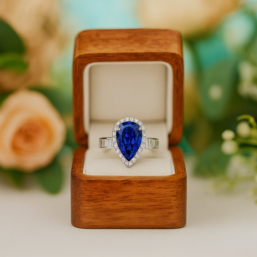 Blue gemstone ring in a wooden box with floral background