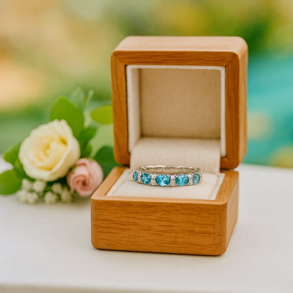 Blue gemstone ring in a wooden box with flowers in the background