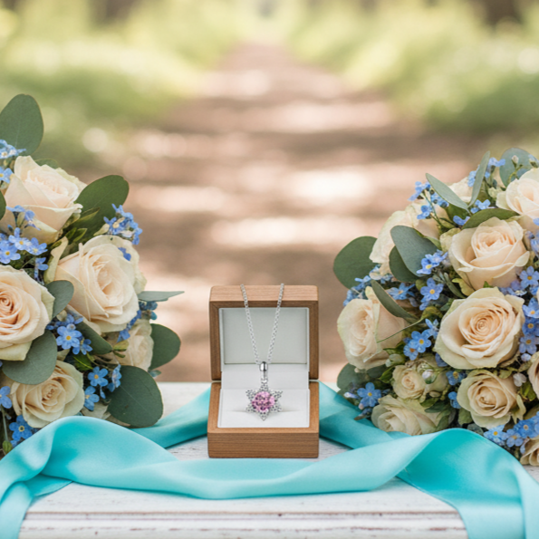 Bouquets of flowers and a jewelry box on a wooden bench in a forest setting