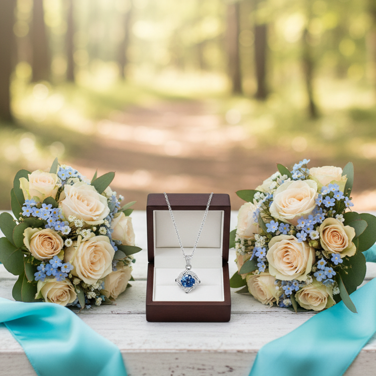Bouquets of flowers and a necklace in a box on a wooden bench with a forest background