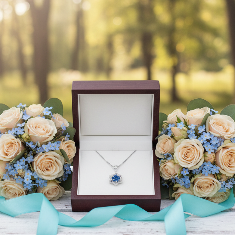 Bouquets of flowers and a necklace in a box on a wooden surface with a blurred natural background
