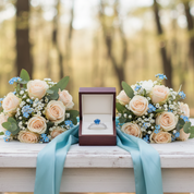 Bouquets of flowers and a ring box on a bench with a forest background