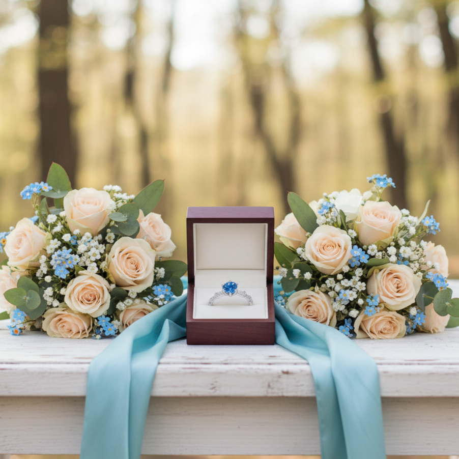 Bouquets of flowers and a ring box on a bench with a forest background