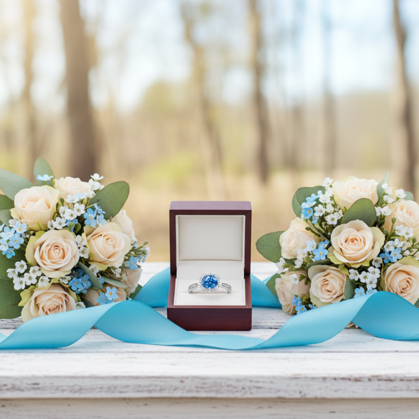 Bouquets of flowers and a ring box on a wooden surface with a blurred natural background
