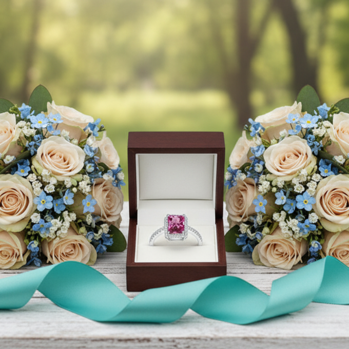 Bouquets of flowers and a ring box on a wooden surface with a blurred natural background