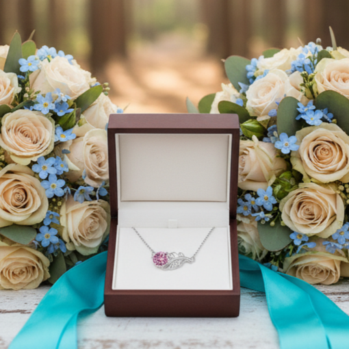Bouquets of flowers with a necklace box on a wooden surface in a forest setting