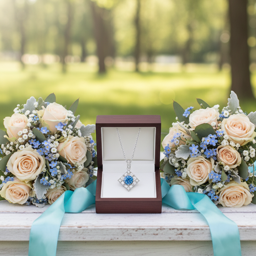 Bouquets of flowers with a necklace in a box on a bench outdoors