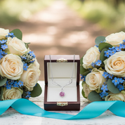 Bouquets of flowers with a necklace on a wooden surface in a forest setting