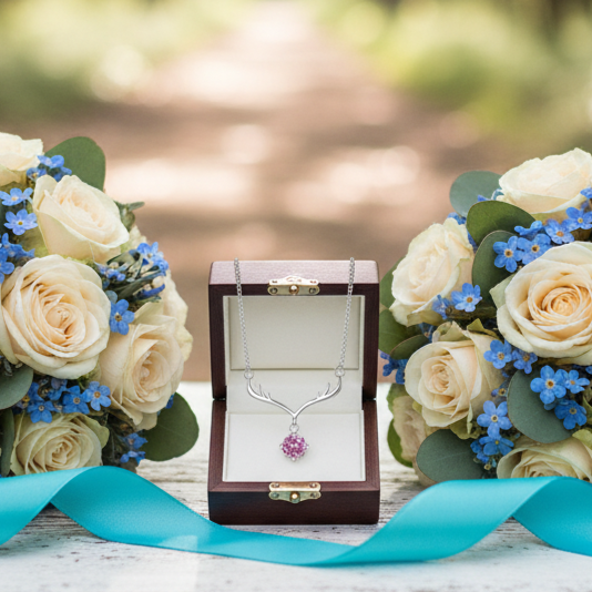Bouquets of flowers with a necklace on a wooden surface in a forest setting