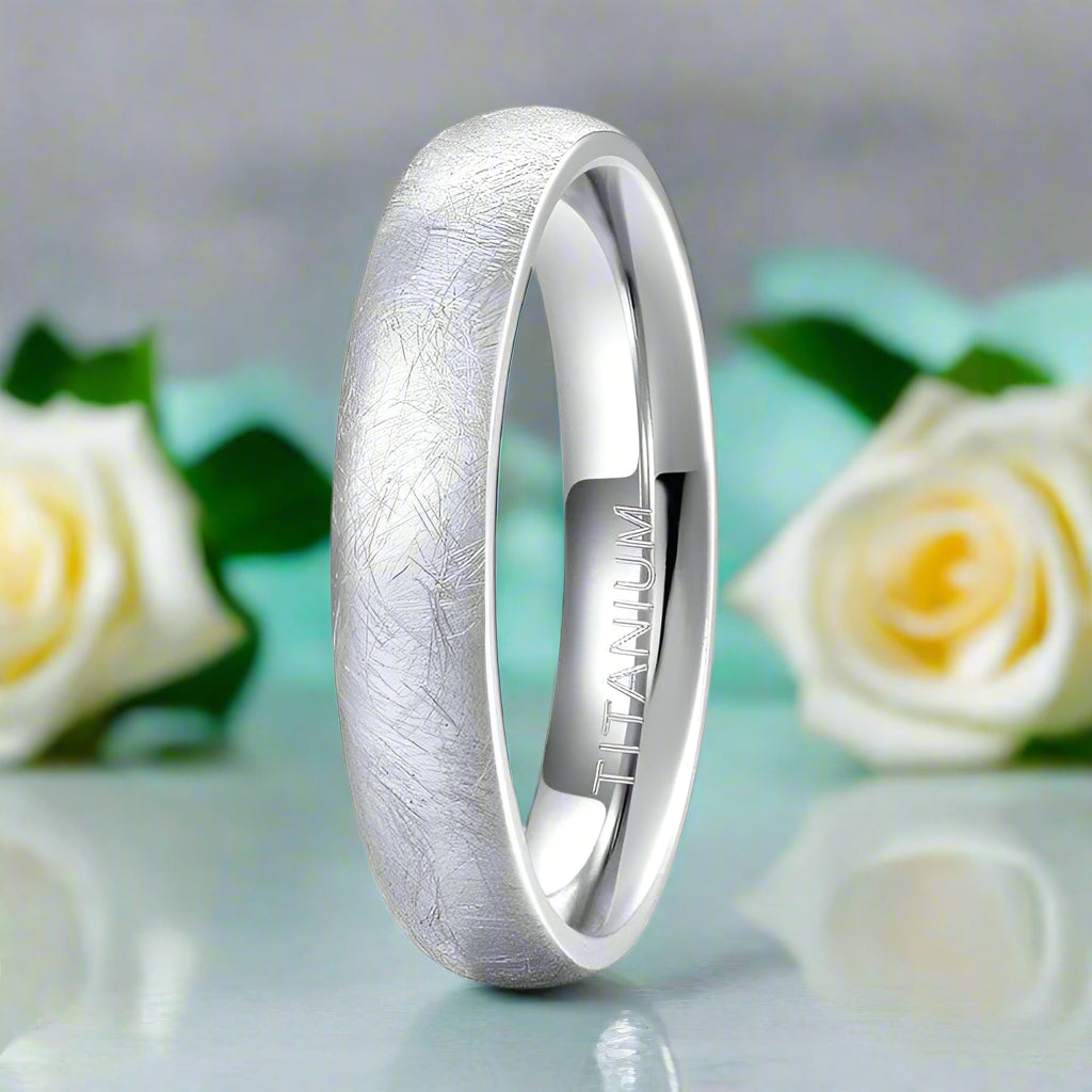 Brushed Dome Titanium Wedding Band with Special Scratches Design-Evani Naomi Jewelry