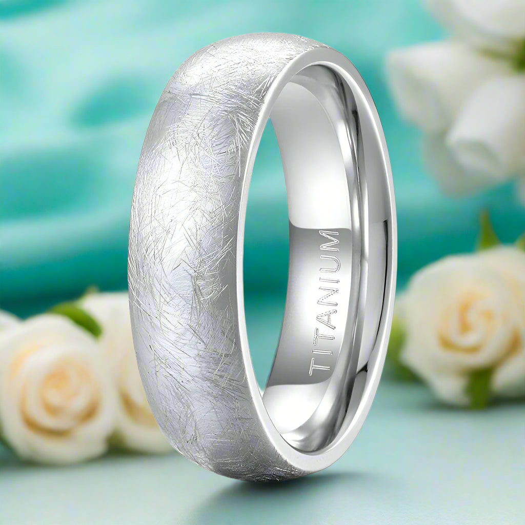 Brushed Dome Titanium Wedding Band with Special Scratches Design-Evani Naomi Jewelry