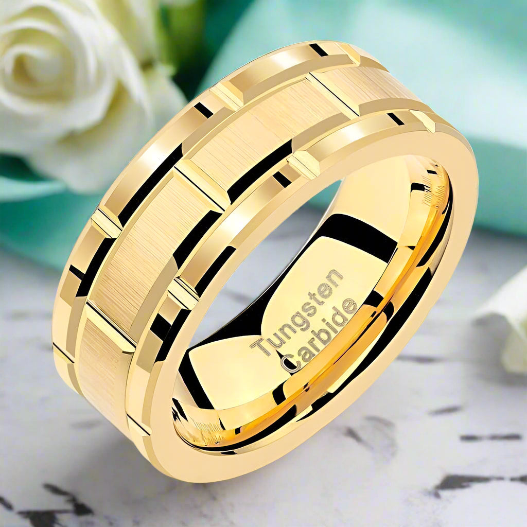 Brushed Men's Tungsten Wedding Band with Brick Pattern-Evani Naomi Jewelry