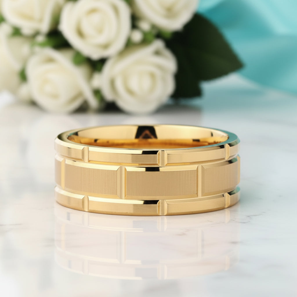 Brushed Men's Tungsten Wedding Band with Brick Pattern-Evani Jewelry