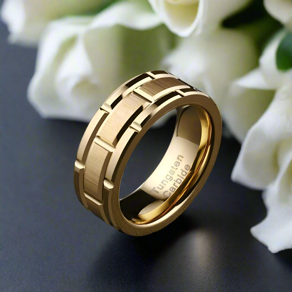 Brushed Men's Tungsten Wedding Band with Brick Pattern-Evani Naomi Jewelry