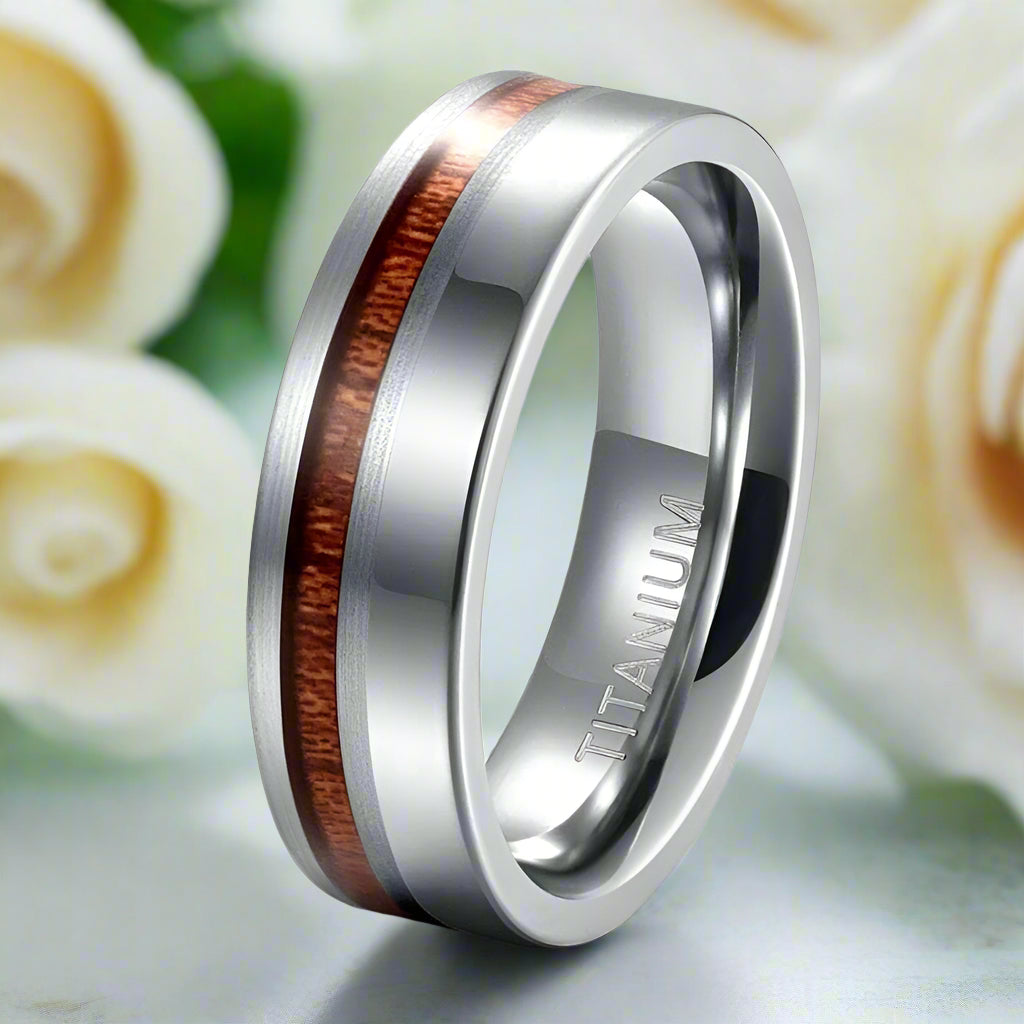 Brushed & Polished Silver Titanium Men's Wedding Band with Wood Inlay-Evani Naomi Jewelry