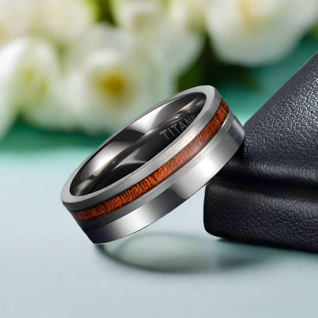 Brushed & Polished Silver Titanium Men's Wedding Band with Wood Inlay-Evani Naomi Jewelry