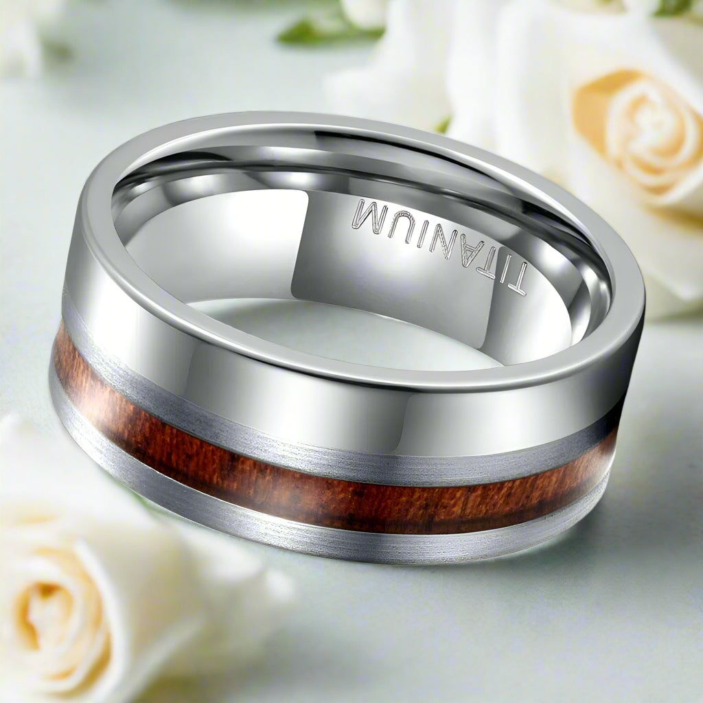 Brushed & Polished Silver Titanium Men's Wedding Band with Wood Inlay-Evani Naomi Jewelry