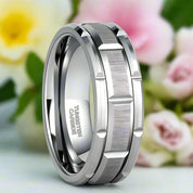 Brushed Tungsten Men's Wedding Band with Brick Pattern-Evani Naomi Jewelry