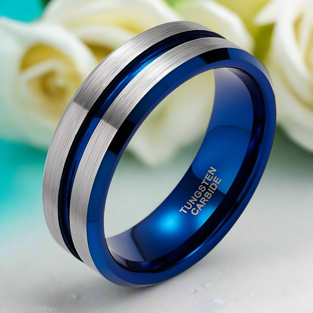 Brushed Tungsten Men's Wedding Band with Groove-Evani Jewelry