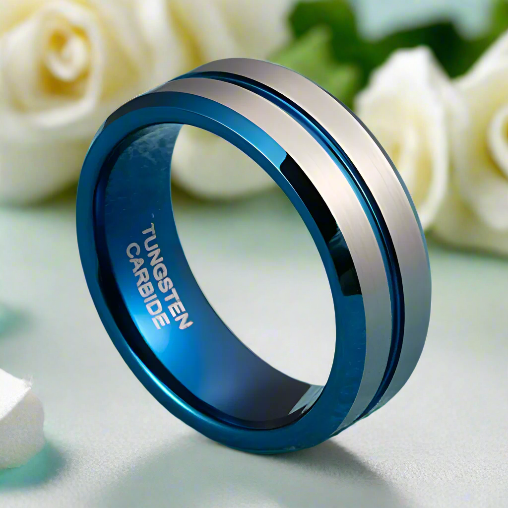 Brushed Tungsten Men's Wedding Band with Groove-Evani Naomi Jewelry