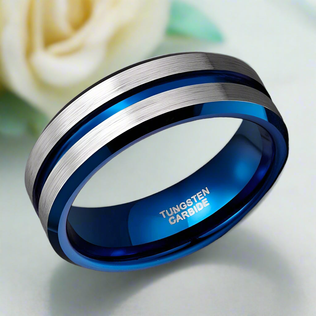 Brushed Tungsten Men's Wedding Band with Groove-Evani Jewelry