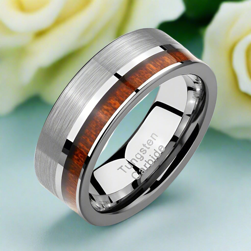 Brushed Tungsten Wedding Band with Wood-Evani Naomi Jewelry
