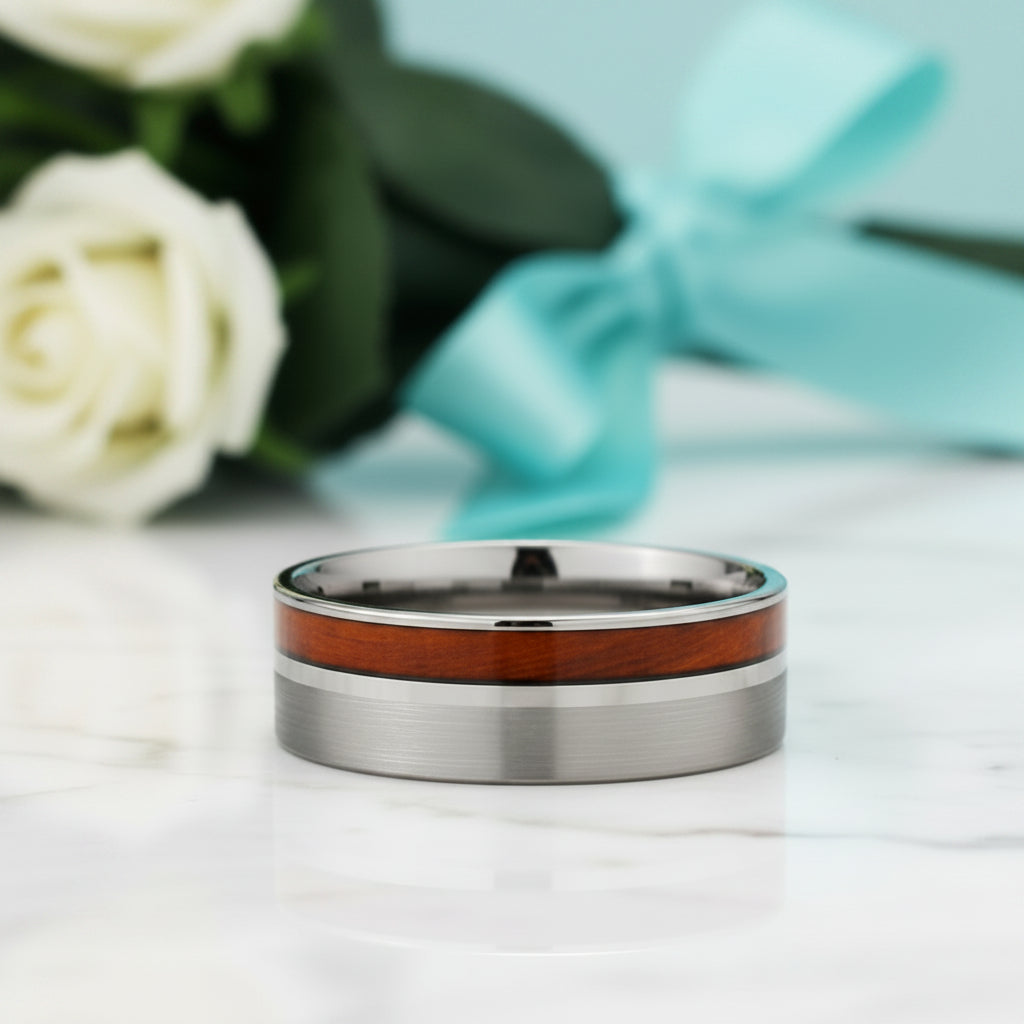 Brushed Tungsten Wedding Band with Wood-Evani Jewelry