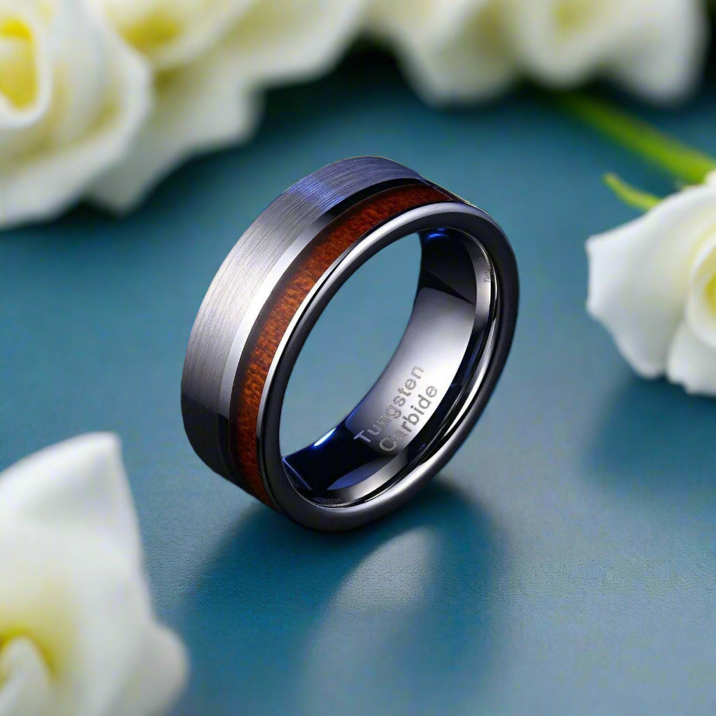 Brushed Tungsten Wedding Band with Wood-Evani Naomi Jewelry