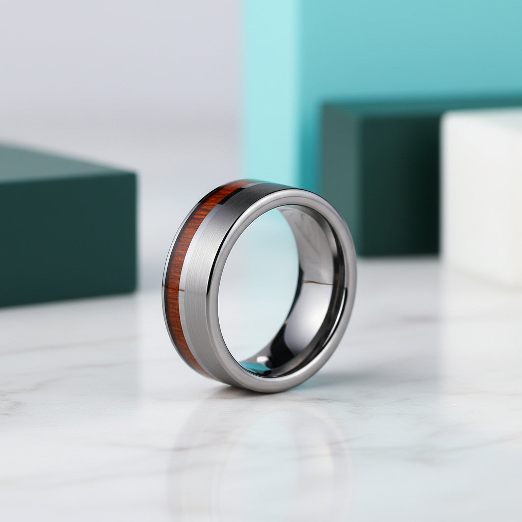 Brushed Tungsten Wedding Band with Wood-Evani Jewelry