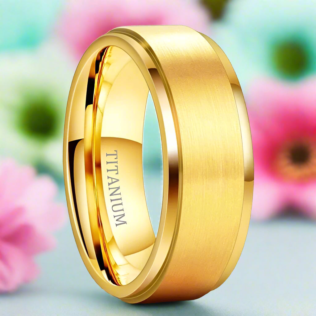 Brushed Yellow Gold Unisex Titanium Wedding Band-Evani Jewelry