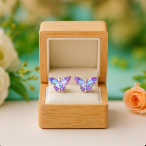Butterfly-shaped earrings in a wooden box with a floral background