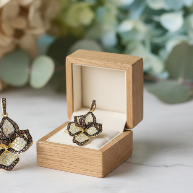 Butterfly-shaped earrings in a wooden box with floral background