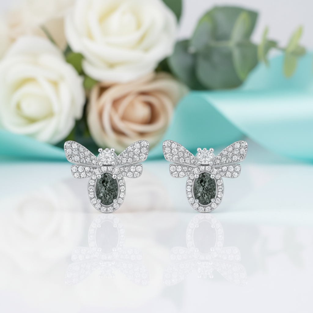Flight of Fancy- Bee Natural Moss Agate Stud Earrings-Evani Jewelry