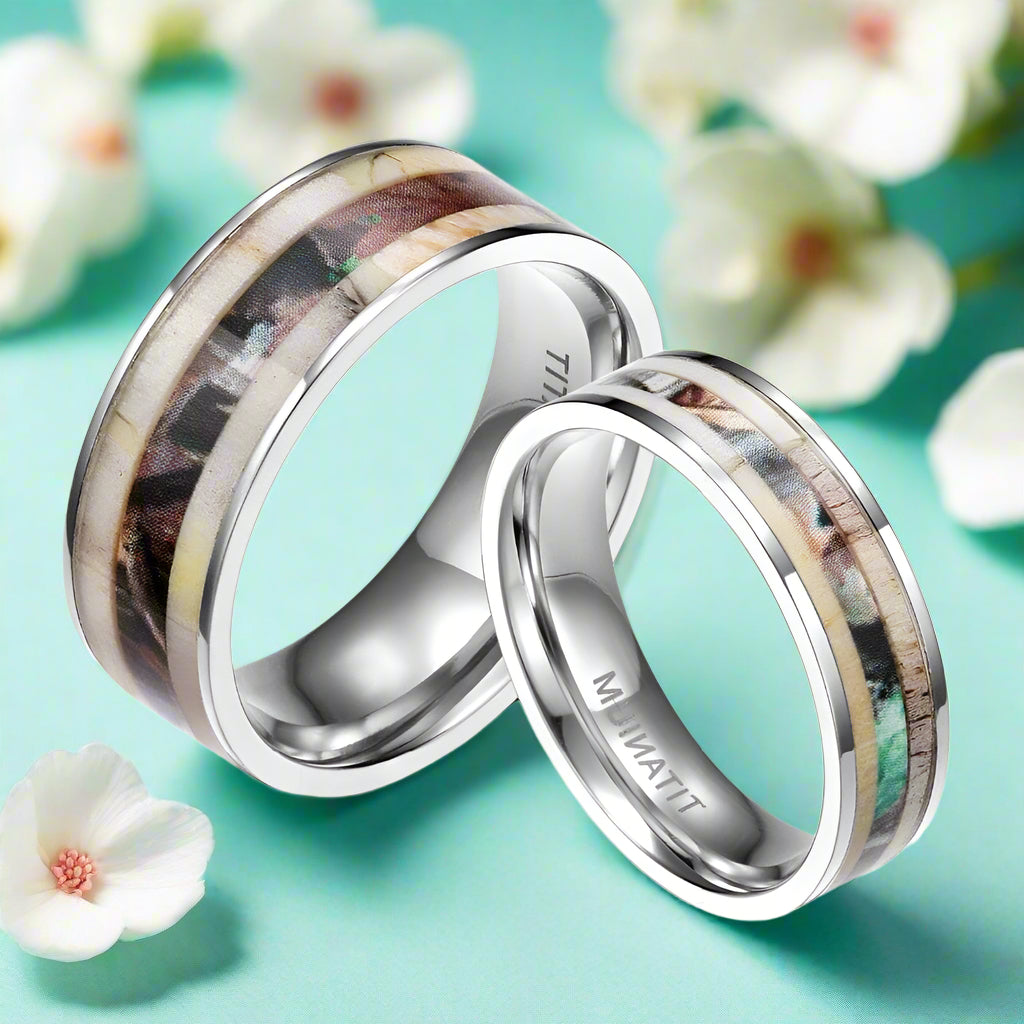Camouflage Titanium Wedding Band with Antler & Granite Inlay-Evani Naomi Jewelry