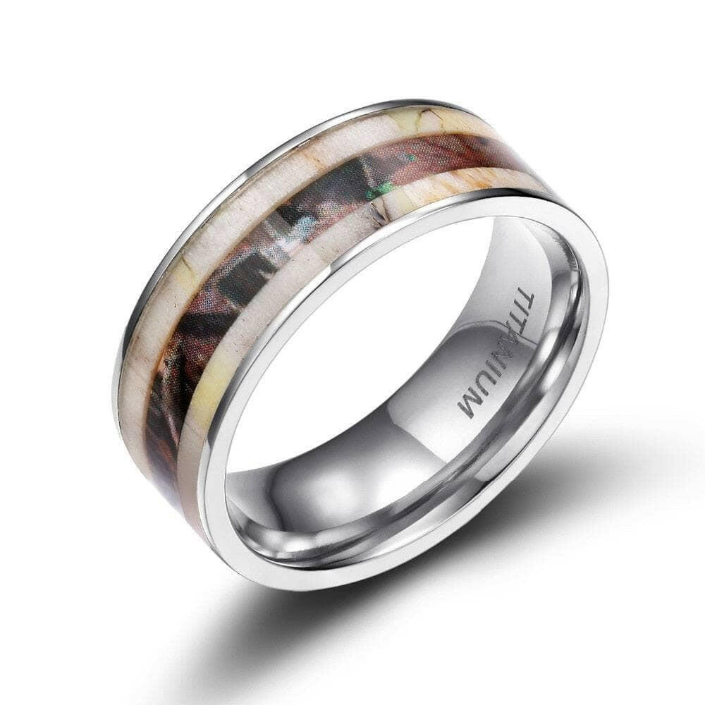 Camouflage Titanium Wedding Band with Antler & Granite Inlay-Evani Naomi Jewelry