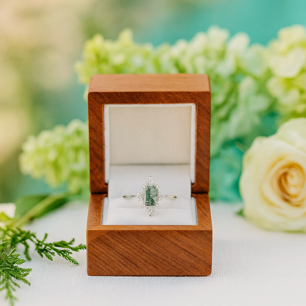 Chronicle of Two Hearts- Emerald Moss Agate & Cyan Moissanite Ring - Evani Naomi Jewelry