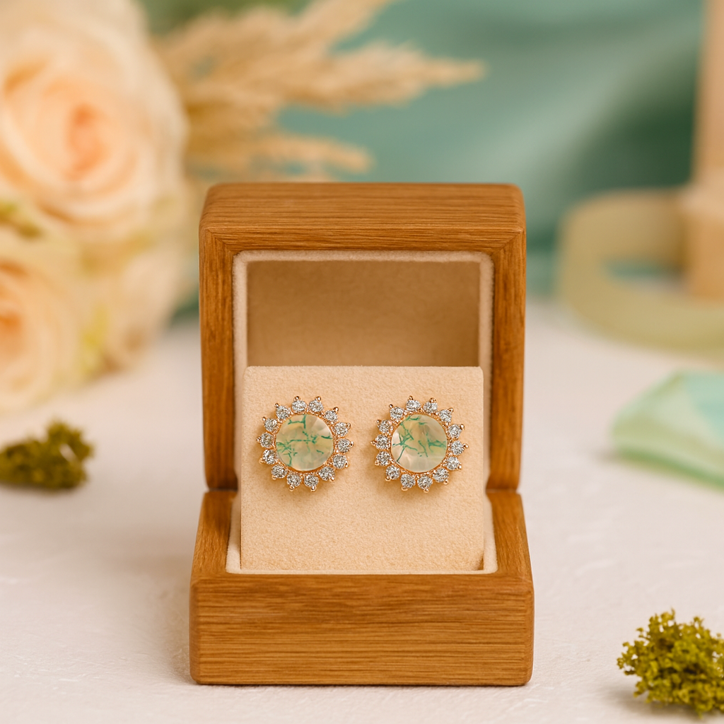 Eternal Pair- Unique Round Cut Moss Agate Snowflake Halo Studs Earrings - Evani Naomi Jewelry