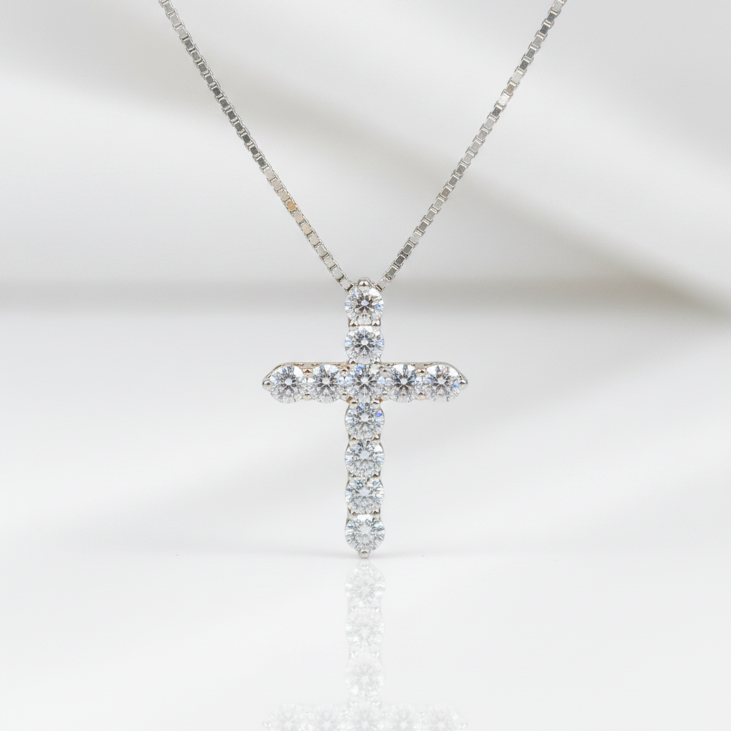 Classic 12 Pieces Round Diamond Option Cross Necklace