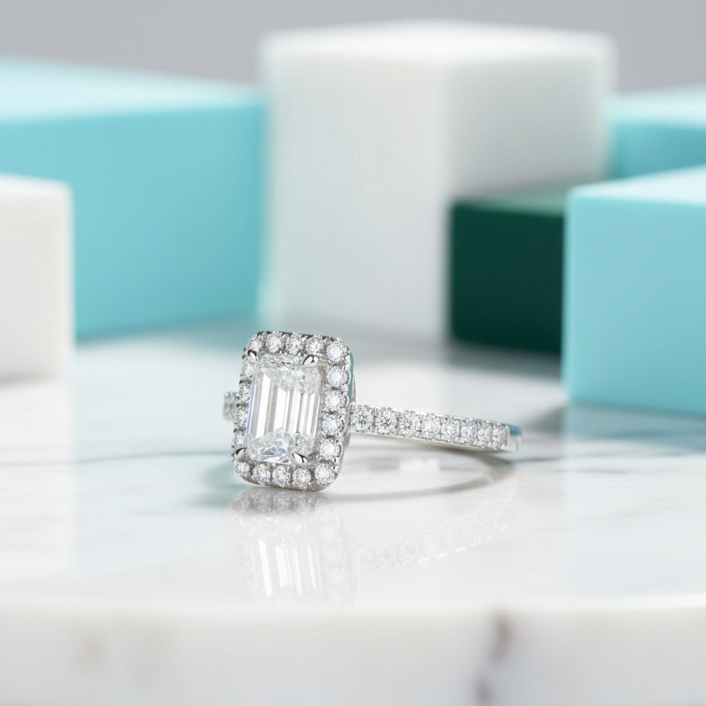 Classic 14K White Gold 1.0 Ct Emerald Cut Halo Diamond Engagement Ring-Evani Jewelry
